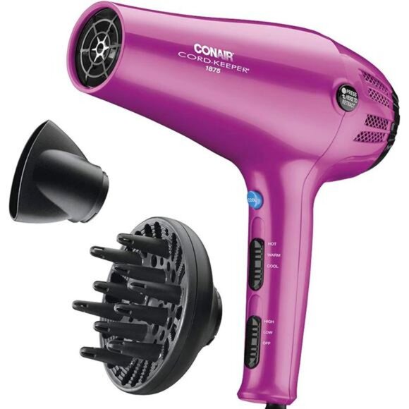 Conair Hair Dryer with Retractable Cord, 1875W Cord-Keeper Blow Dryer,Pink - Picture 1 of 8